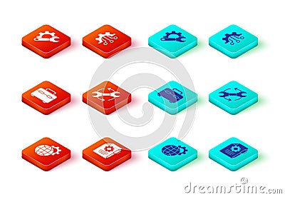 Set Globe of the Earth and gear, Document settings pen, Toolbox, Wrench arrows as workflow, Algorithm and spanner icon Vector Illustration