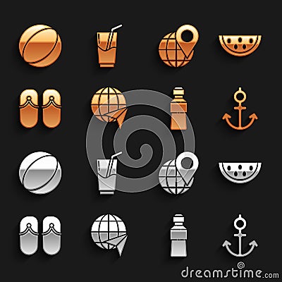 Set Globe with flying plane, Watermelon, Anchor, Bottle of water, Flip flops, Location the globe, Beach ball and Stock Photo