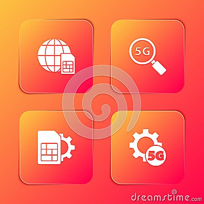 Set Globe 5G Sim Card, Search network, card setting and Setting icon. Vector Vector Illustration
