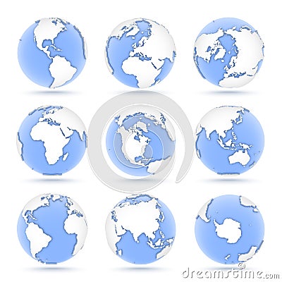 Set of globes, nine icons of blue globes showing earth from all continents Cartoon Illustration