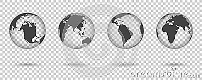 Set globes on transparent. World in map. 3d Earth, globus. Uk, africa, usa, europe, america, asia in sphere. Silhouette of planet Stock Photo