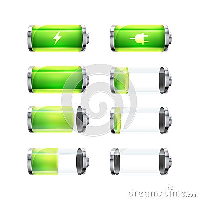 Set of glossy battery icons with different charge level and power signs on white Vector Illustration