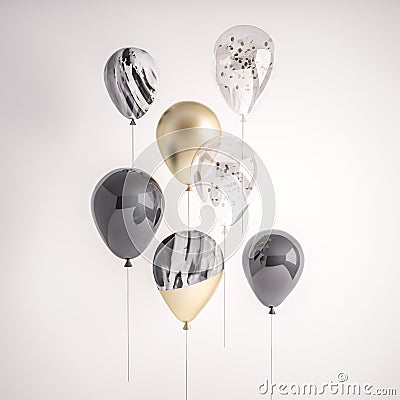 Set of glossy black, transparent with confetti, gold, black and white marble 3D realistic balloons on the stick for party, events, Stock Photo