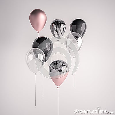 Set of glossy black, transperent, pink, black and white marble 3D realistic balloon on the stick for party, events, presentation o Stock Photo