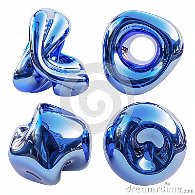 A set of glossy, blue abstract shapes on a white background, 3D render, created with Unreal Engine Stock Photo