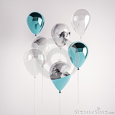 Set of glossy blue, marble, transparent and white marble 3D realistic balloons Stock Photo