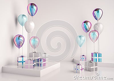 Set of glossy holographic, white and blue foil ballons. Stock Photo