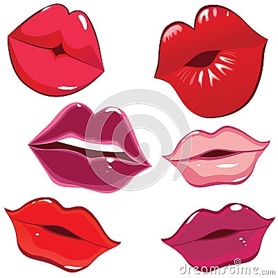 Set of glossy lips in tender kiss. Vector Illustration