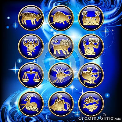 Set of glossy round zodiac icons with gold linear symbols on blu Vector Illustration