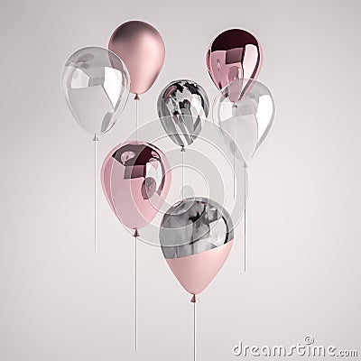 Set of glossy and satin pink, transparent, black and white marble 3D realistic balloons on the stick for party, events, presentati Stock Photo
