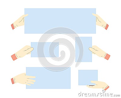 Set of gloved hands holding white cards. Advertising template. Horizontal and vertical banners. Doctor or nurse arms Vector Illustration