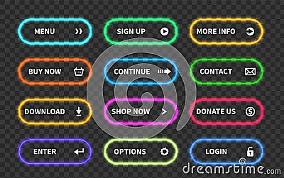 Set of glow action buttons. Neon web submit form, modern transition sign, game navigation. Glowing vector ui design Vector Illustration
