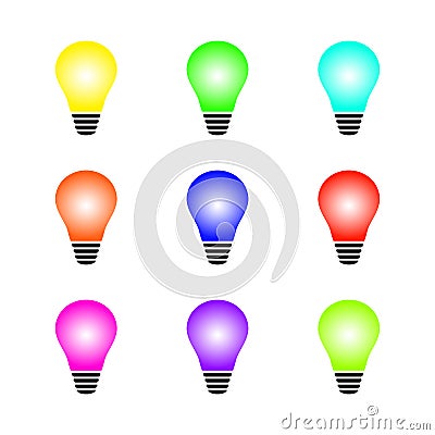 Set of glowing colorful light bulb as inspiration concept. Vector illustration Vector Illustration