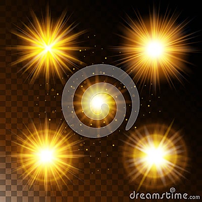 Set of glowing light effect star, the sunlight warm yellow glow with sparkles on a transparent background. Vector Vector Illustration
