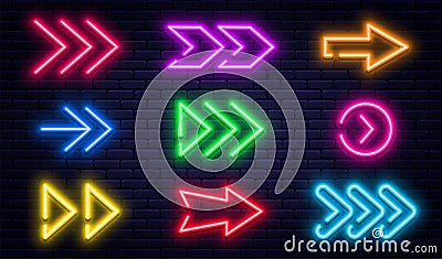 Set of glowing neon arrows. Glowing neon arrow pointers on brick wall background. Retro signboard with bright neon tubes Vector Illustration