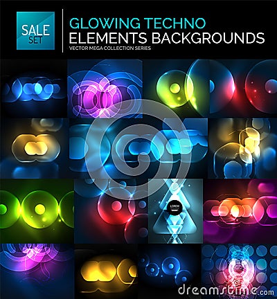 Set of glowing neon techno shapes, abstract background collection Vector Illustration