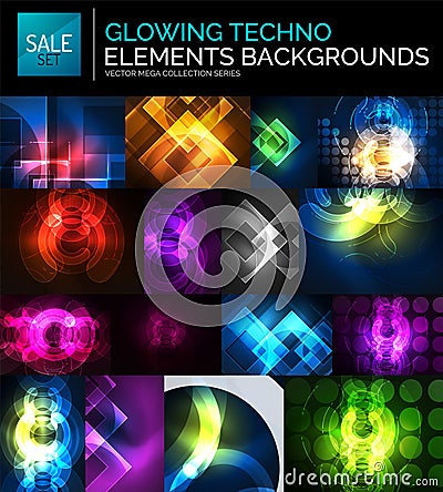 Set of glowing neon techno shapes, abstract background collection Vector Illustration