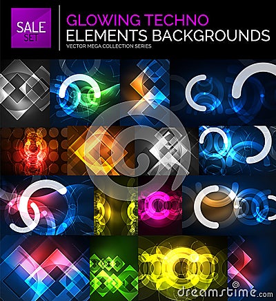 Set of glowing neon techno shapes, abstract background collection Vector Illustration