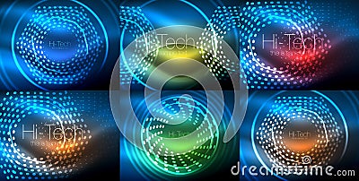 Set of glowing neon techno shapes, abstract background collection. Vector futuristic magic space wallpapers Vector Illustration
