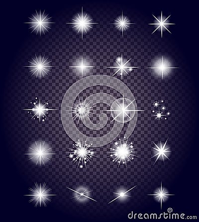 Set Glows Bright Star Light Fireworks Vector Illustration