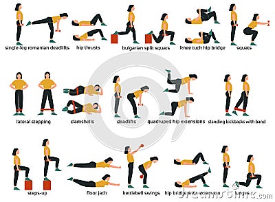 Set of glute exercises and workouts. Flat vector illustration. Glute exercises with titles or names. Woman doing glute exercises Vector Illustration