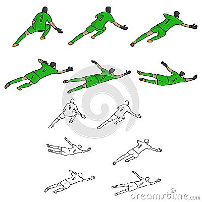 Set of goal keeper in green uniform vector illustration sketch d Vector Illustration