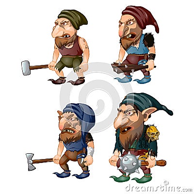 Set of goblins with a bludgeon, axe, hammer and club. Fantastic inhabitants of the forest. Vector illustration. Vector Illustration