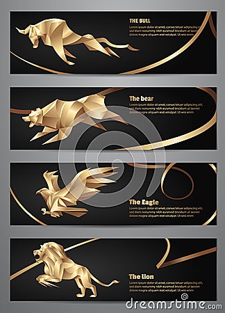 Set of Gold animal banners Cartoon Illustration