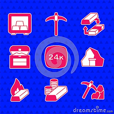 Set Gold bars 24k, coin with gold, mining, mine, Molten being poured, Antique treasure chest, exchange money and Safe Stock Photo