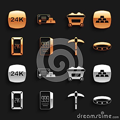 Set Gold bars 24k, ring, Pickaxe, Mine cart with gold, and certificate icon. Vector Stock Photo