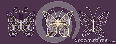 Set of gold butterflies for a luxury logo or tattoo. Chic vector design element for your luxury brand. A symbol of freedom, flight Stock Photo