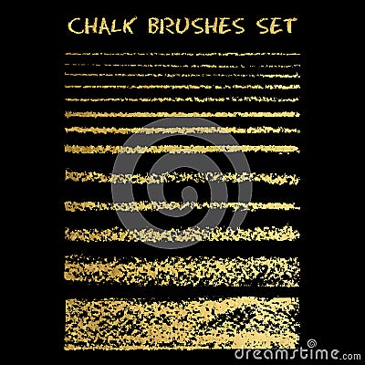 Set of gold chalk brushes. Vector lines with chalk texture. Gru Vector Illustration