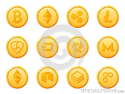 Set of 12 gold coins crypto currency icon. Top digital electronic currency by market capitalization. Vector Illustration