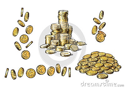 Set of gold coins in different positions in sketch style. Falling dollars, pile of cash, stack of money. Vector. Vector Illustration