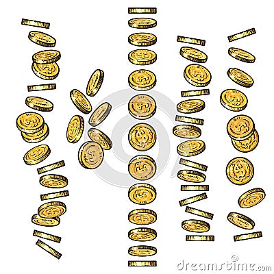 Set of gold coins falling in different perspective, angles, directions in sketch style. Dropping dollars, pile of cash Vector Illustration