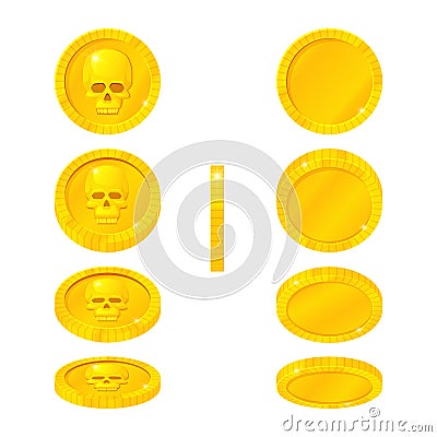 Set of gold coins with human skull in different positions. Vector cartoon icons. Rotating, flying, falling. Vector Illustration