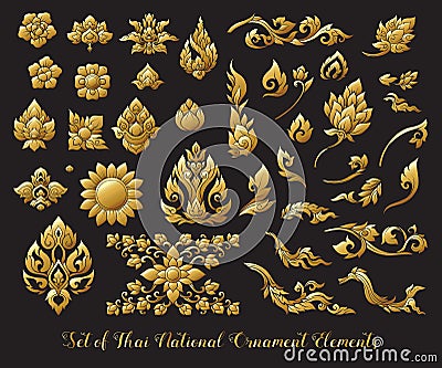 Set of gold elements of traditional Thai ornament. Stock illustration. Vector Illustration