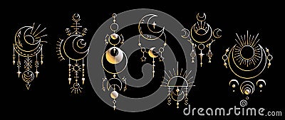 Set of gold esoteric symbol with crescent, star and sun. Luxury contour space sacred decoration. Vector rich outline magic Vector Illustration