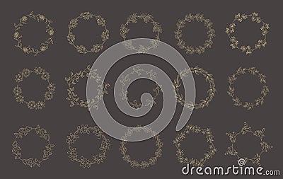 Set of gold floral frames and wreaths with plant. Vector Illustration