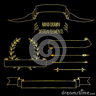 Set of gold handdrawn vintage elements. Ribbons, arrows, laurel wreath, page deviders. Hand drawn sketched, vector Vector Illustration