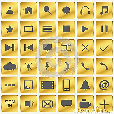 Set of gold icons. Golden buttons in the squares. Vector illustration. Vector Illustration