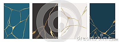 Set of gold kintsugi poster design. Japanese art of repairing broken pottery. Vector crack pattern for home prints Vector Illustration