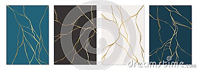 Set of gold kintsugi poster design. Japanese art of repairing broken pottery. Vector crack pattern for home prints Vector Illustration