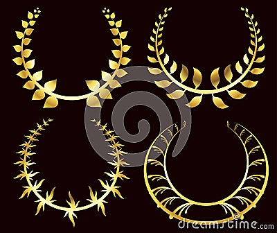 Set from gold laurel wreath on the black background Cartoon Illustration