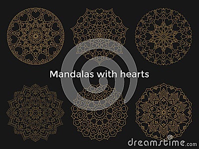 Set gold mandalas with hearts. Collection symmetric circular Vector Illustration