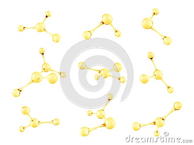 Set of gold oil molecule. 3D abstract molecular structures. Gold collagen serum and vitamin hyaluronic acid skin care solutions. Vector Illustration