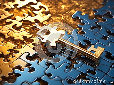 set of gold puzzles with a key. the concept of solving different problems with the help of an idea and the right choice. puzzle Stock Photo