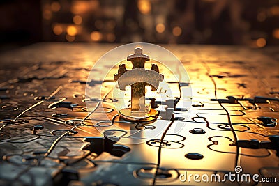 set of gold puzzles with a key. the concept of solving different problems with the help of an idea and the right choice. puzzle Stock Photo
