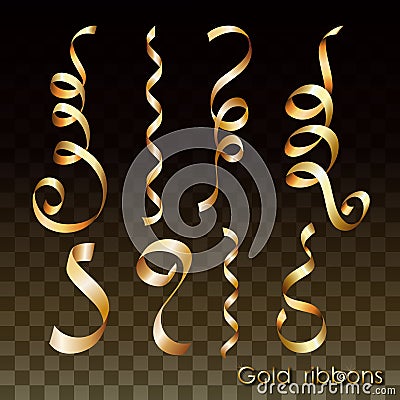 Set of gold ribbons. Curly strips for design invitations, decorations, Festive illustrations. Vector Illustration