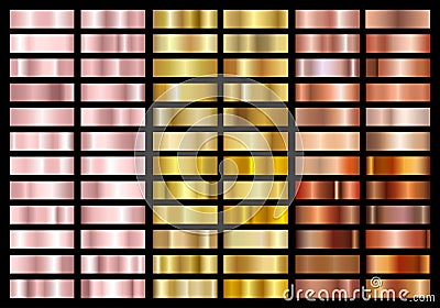 Set of gold rose, gold and copper foil texture gradation background. Metallic gradient swatches. Shiny Metal gradient Vector Illustration